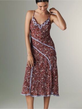 Anthropologie Burgundy Floral Midi Dress with Lavender Trim NWOT